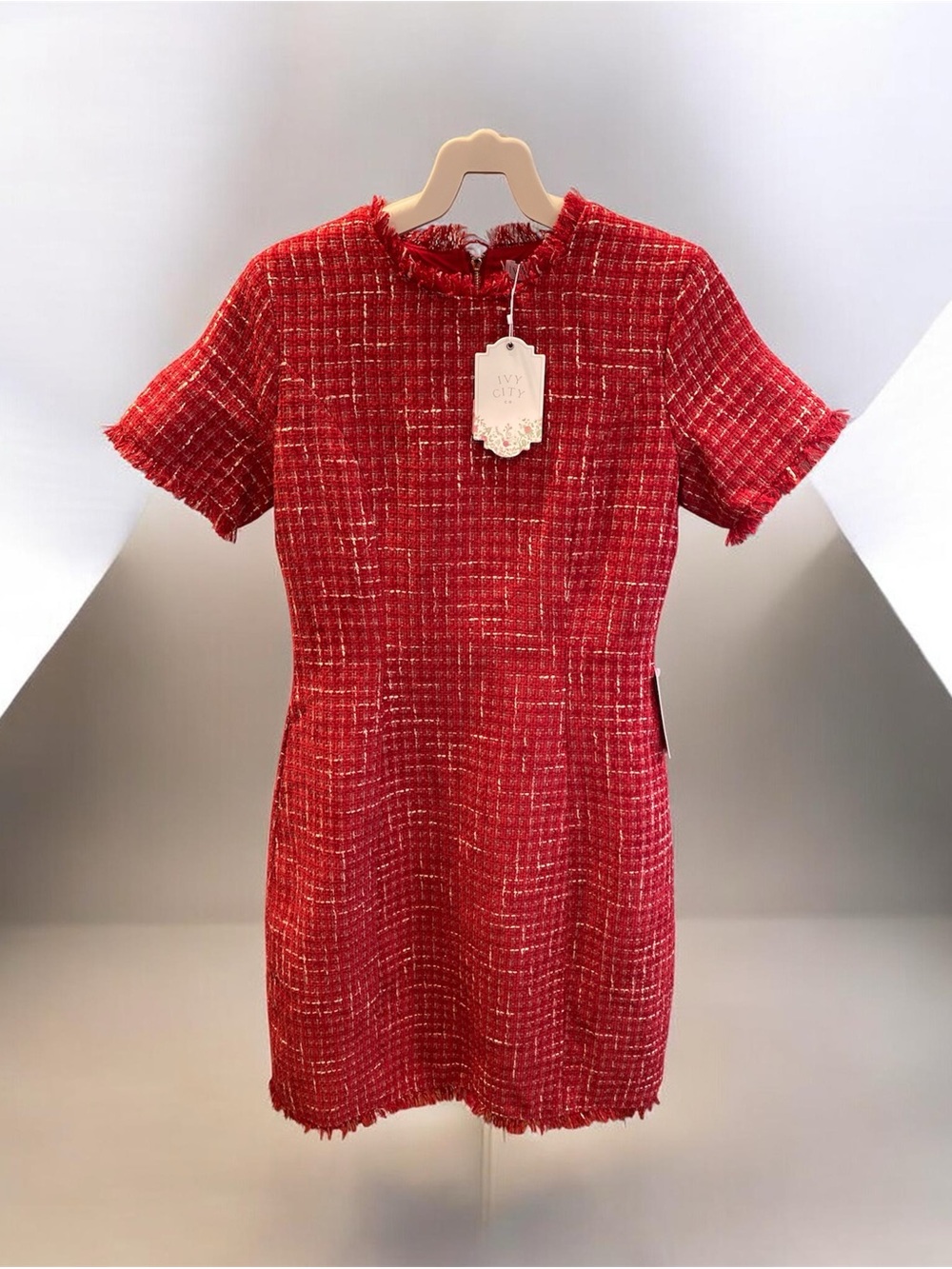 NWT Ivy City Co Red Reese Tweed Fringed Short Sleeve Dress - Picture 1 of 2